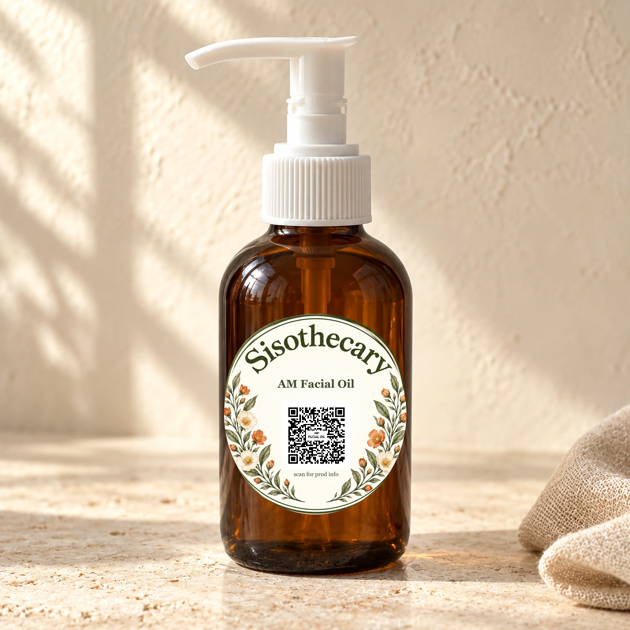 Boutique photograph of Sisothecary AM Facial Oil with floral product label and QR code.