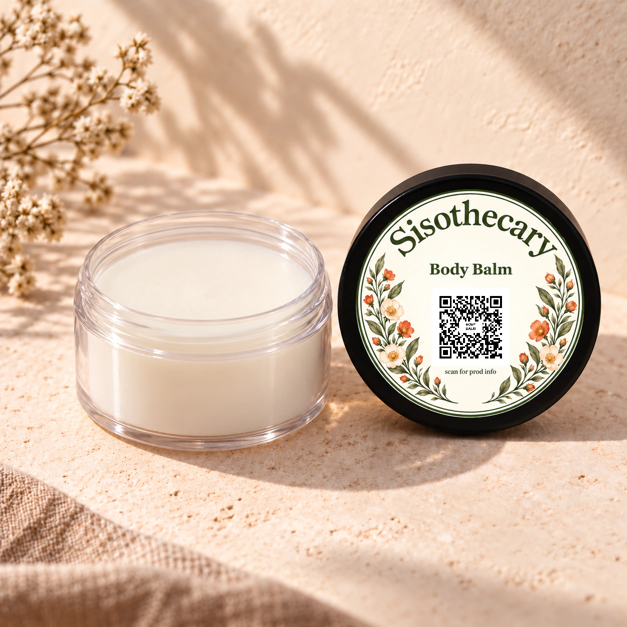 Smooth, flat, nearly white solid Sisothecary Body Balm in a clear 2 oz plastic jar beside its floral labeled black lid.