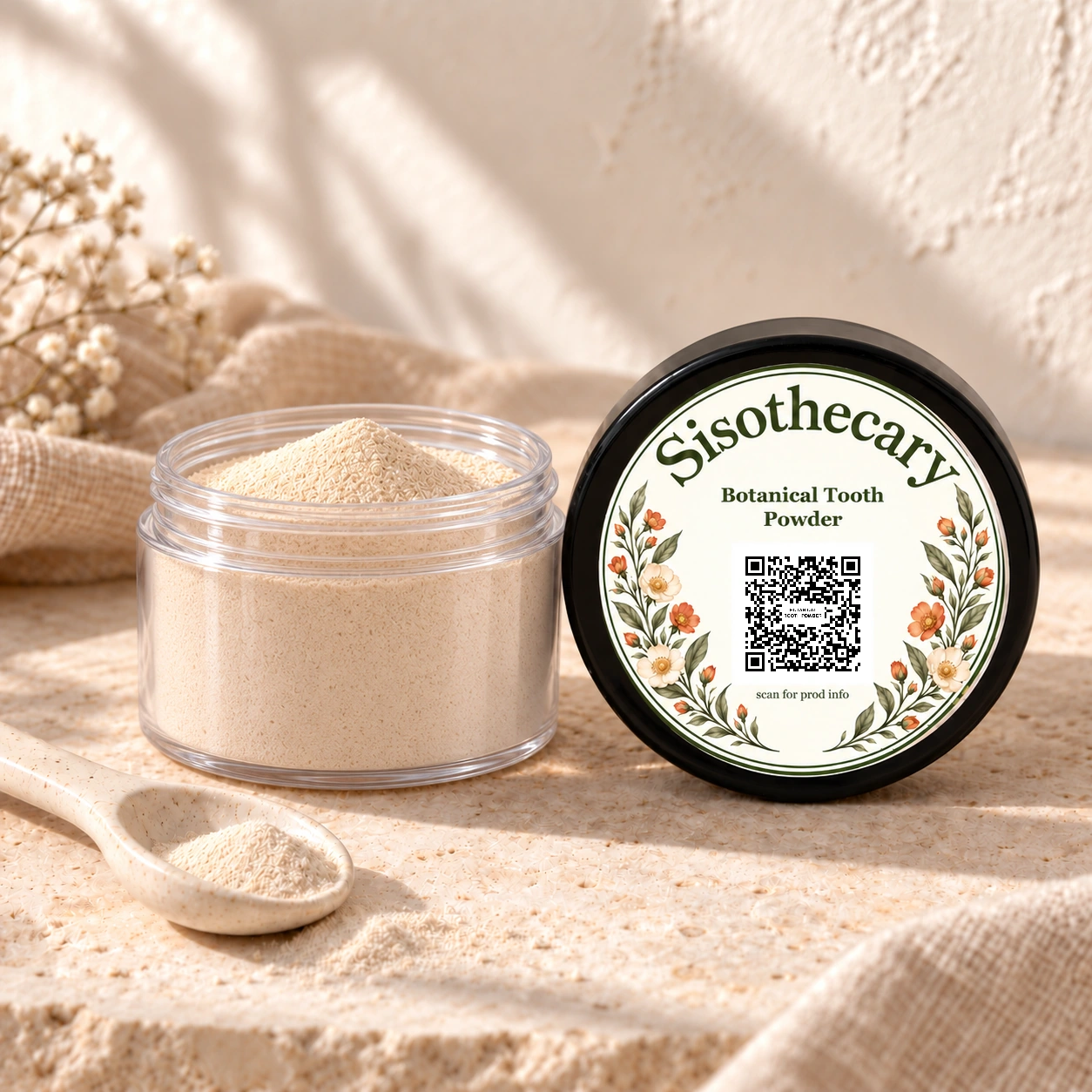 Sisothecary tooth powder in a clear 2 oz plastic jar beside its black floral labeled lid.