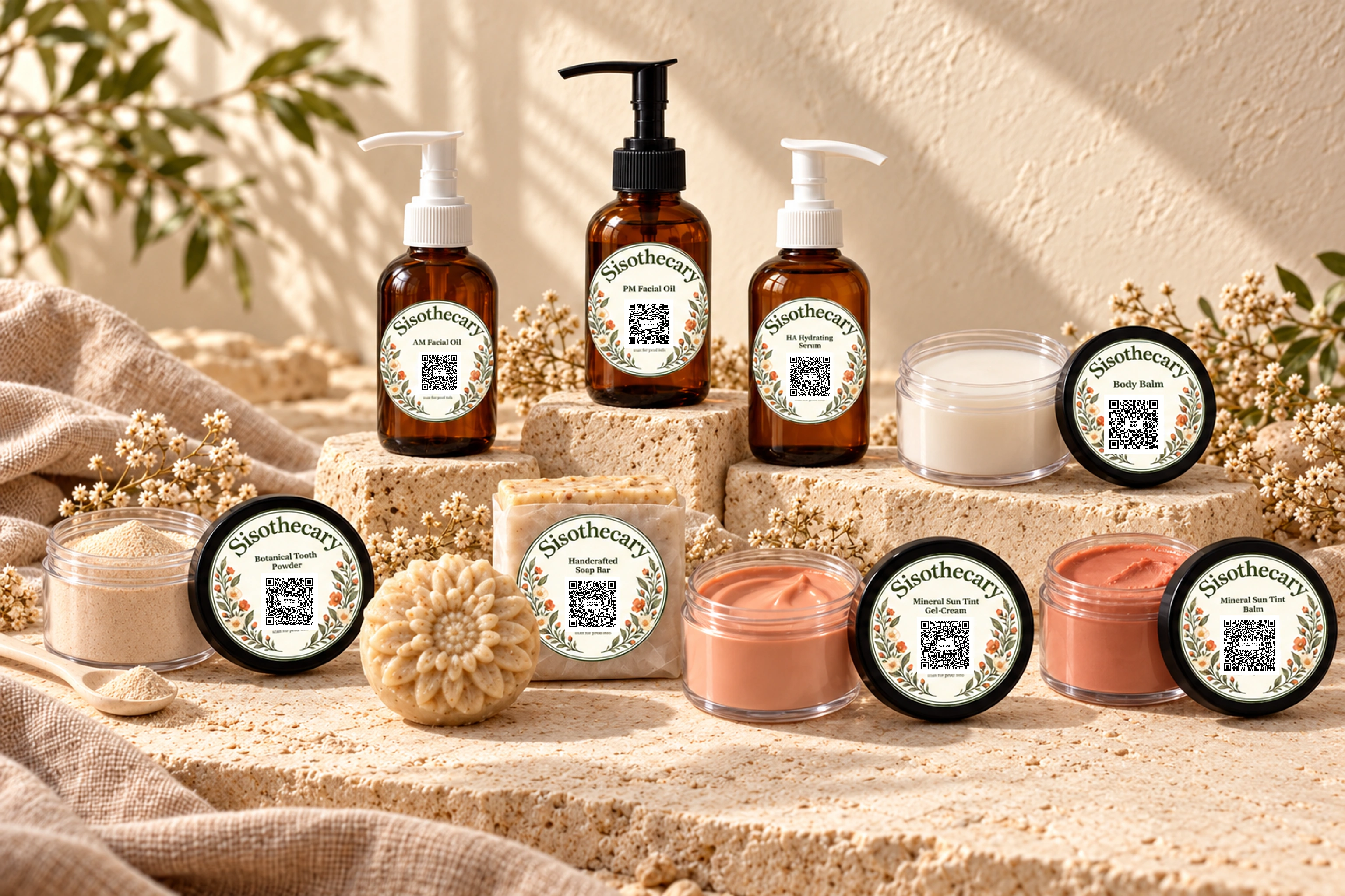 Sisothecary personal care collection with floral labels and sisolyfe.com QR codes