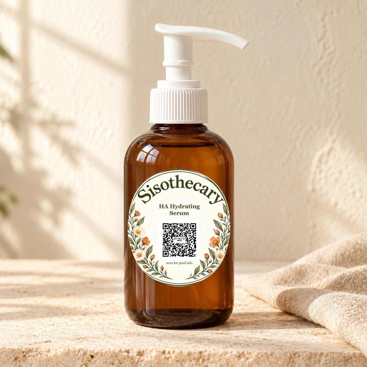 Sisothecary HA Hydrating Serum in its amber glass bottle with a white pump and floral QR label.