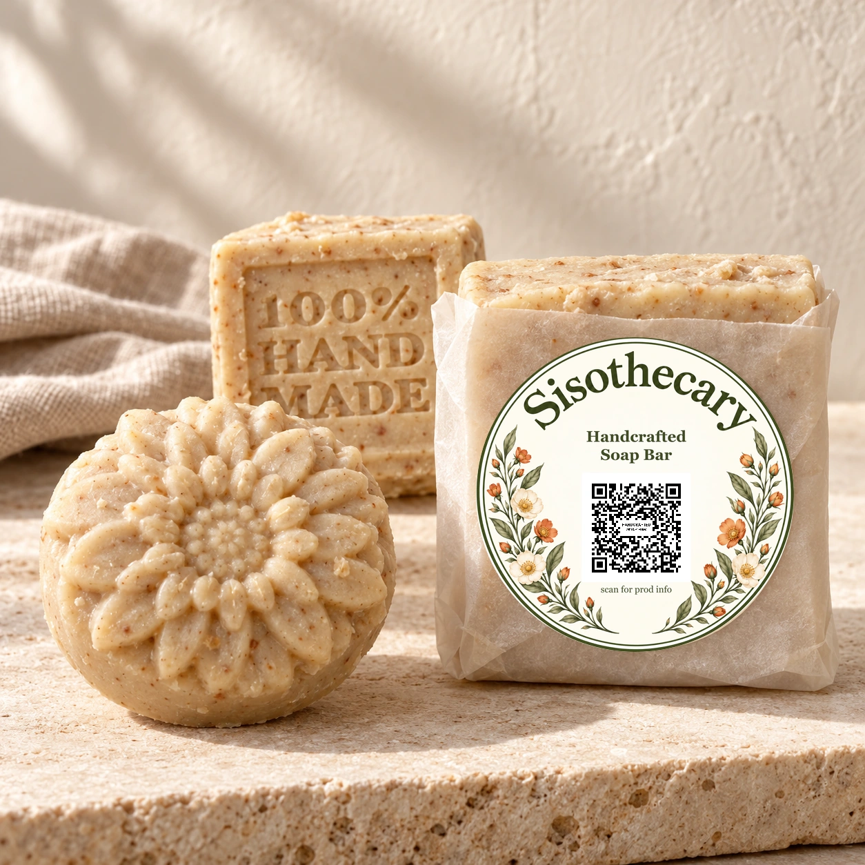 Boutique photograph of Sisothecary Handcrafted Soap Bar with floral product label and QR code.