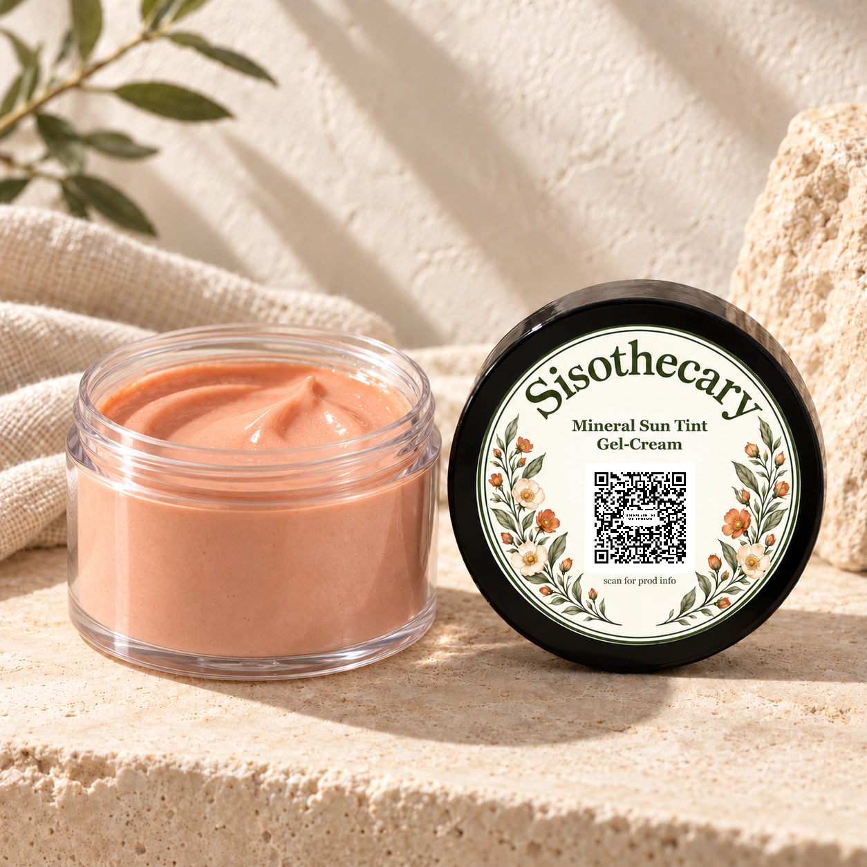 Sisothecary Mineral Tint · Gel-Cream in a clear 2 oz plastic jar beside its black floral labeled lid.