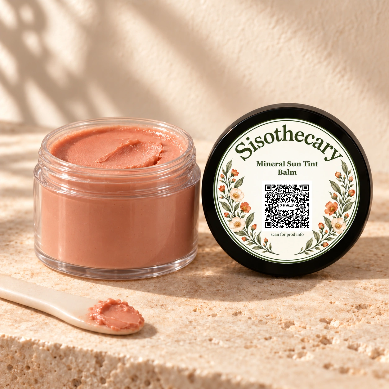 Sisothecary Mineral Tint · Balm in a clear 2 oz plastic jar beside its black floral labeled lid.