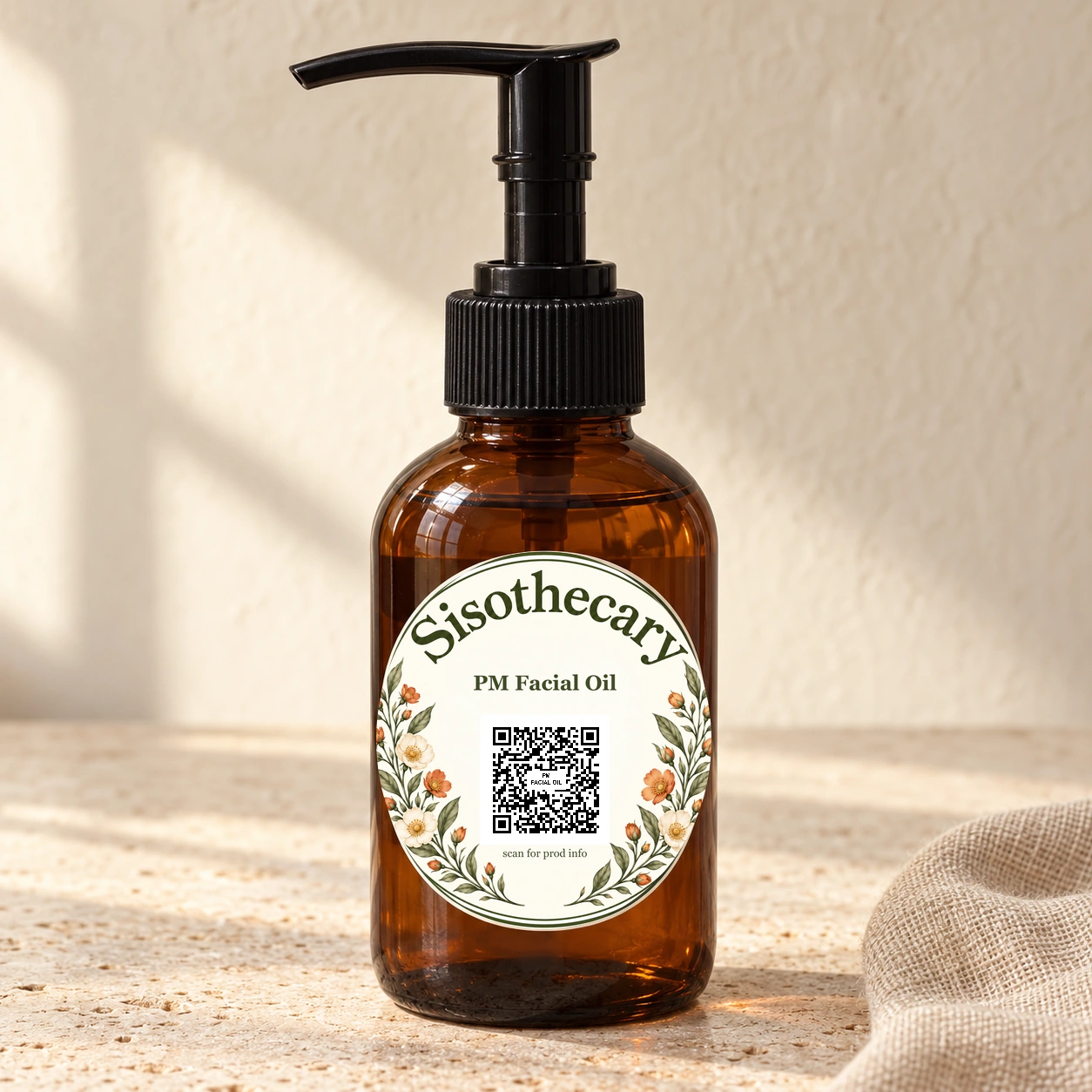 Boutique photograph of Sisothecary PM Facial Oil with floral product label and QR code.