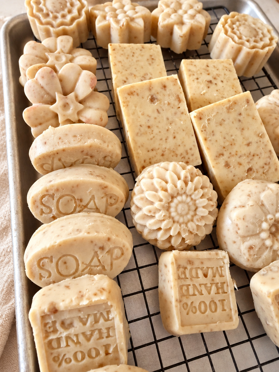 A small batch of floral, oval and rectangular soap bars on a rack